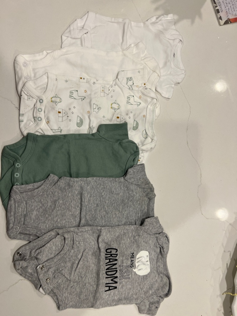 Six Newborn One-Piece Bodysuit Bundle Set – White, Printed White, Green, Gray